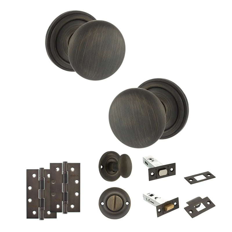 Atlantic Old English Harrogate Door Knob Pack (Bathroom Set - 4" Deadbolt, 4" Slim Knuckle Hinges x2)