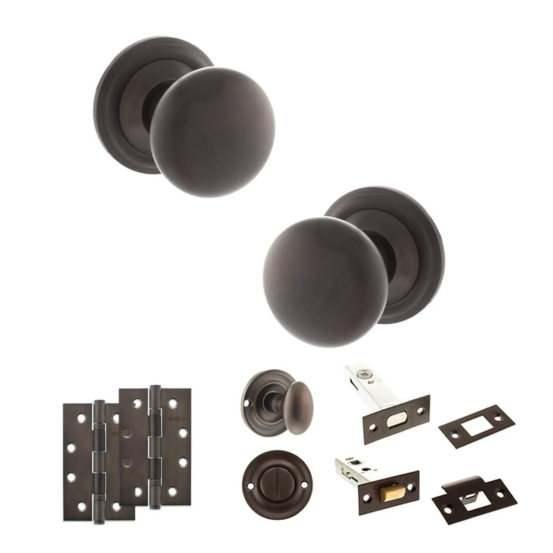 Atlantic Old English Harrogate Door Knob Pack (Bathroom Set - 4" Deadbolt, 4" Slim Knuckle Hinges x2)
