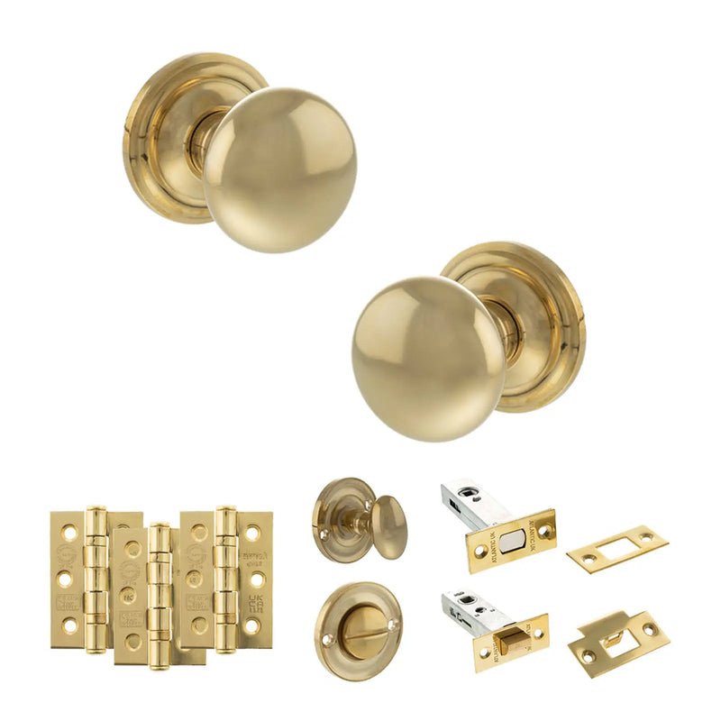 Atlantic Old English Harrogate Door Knob Pack (Bathroom Set - 3" Deadbolt, 3" Fire Rated Hinges x3)