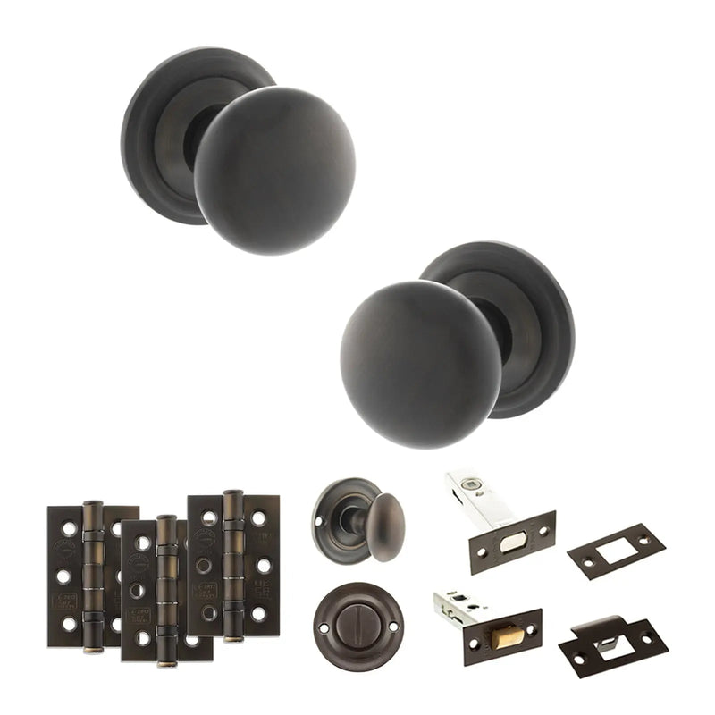 Atlantic Old English Harrogate Door Knob Pack (Bathroom Set - 3" Deadbolt, 3" Fire Rated Hinges x3)