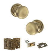 Atlantic Old English Harrogate Door Knob Pack (Latch Set - 3" HD Latch, 3" Fire Rated Hinges x3)