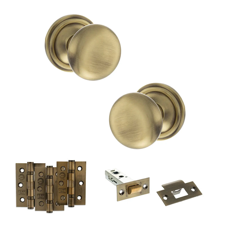 Atlantic Old English Harrogate Door Knob Pack (Latch Set - 3" HD Latch, 3" Fire Rated Hinges x3)
