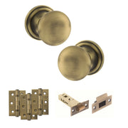 Atlantic Old English Harrogate Door Knob Pack (Latch Set - 3" HD Latch, 3" Fire Rated Hinges x3)