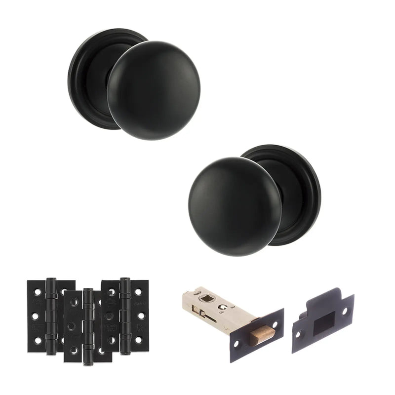 Atlantic Old English Harrogate Door Knob Pack (Latch Set - 3" HD Latch, 3" Fire Rated Hinges x3)