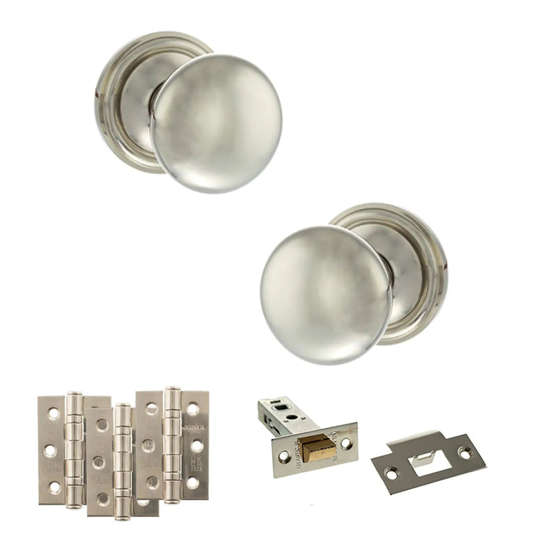 Atlantic Old English Harrogate Door Knob Pack (Latch Set - 3" HD Latch, 3" Fire Rated Hinges x3)