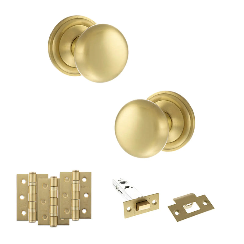 Atlantic Old English Harrogate Door Knob Pack (Latch Set - 3" HD Latch, 3" Fire Rated Hinges x3)
