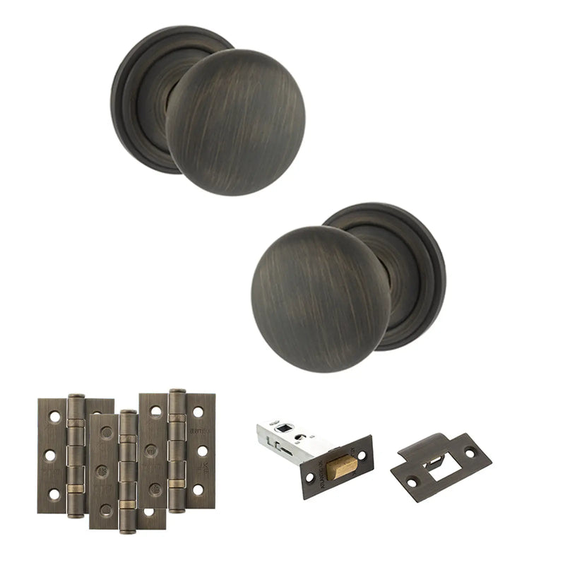 Atlantic Old English Harrogate Door Knob Pack (Latch Set - 3" HD Latch, 3" Fire Rated Hinges x3)
