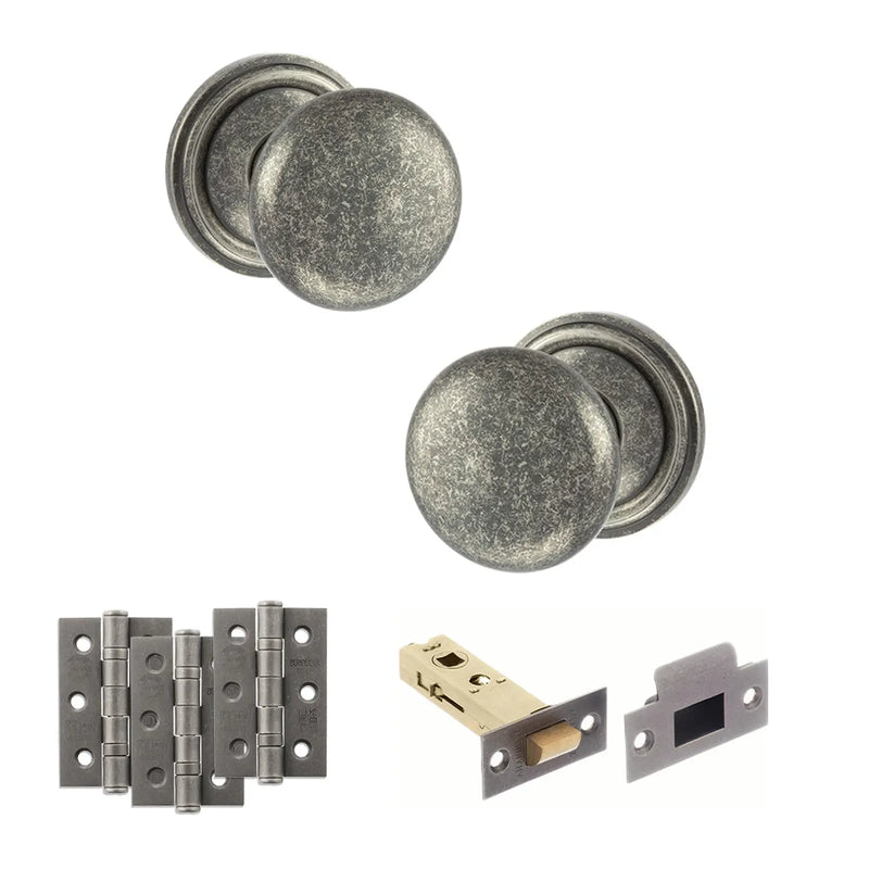 Atlantic Old English Harrogate Door Knob Pack (Latch Set - 3" HD Latch, 3" Fire Rated Hinges x3)