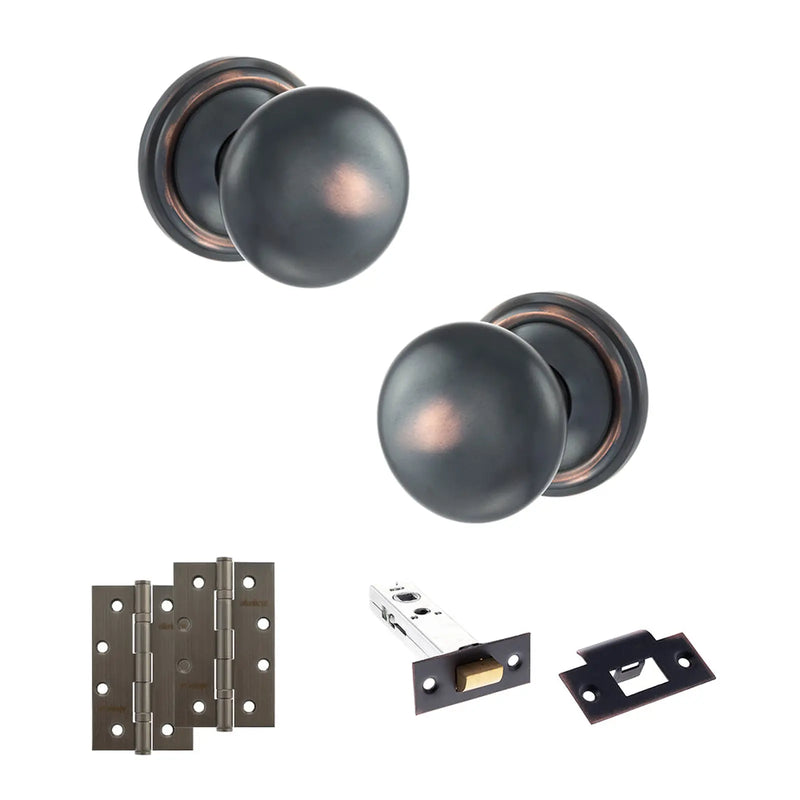 Atlantic Old English Harrogate Door Knob Pack (Latch Set - 3" HD Latch, 4" Slim Knuckle Hinges x2)