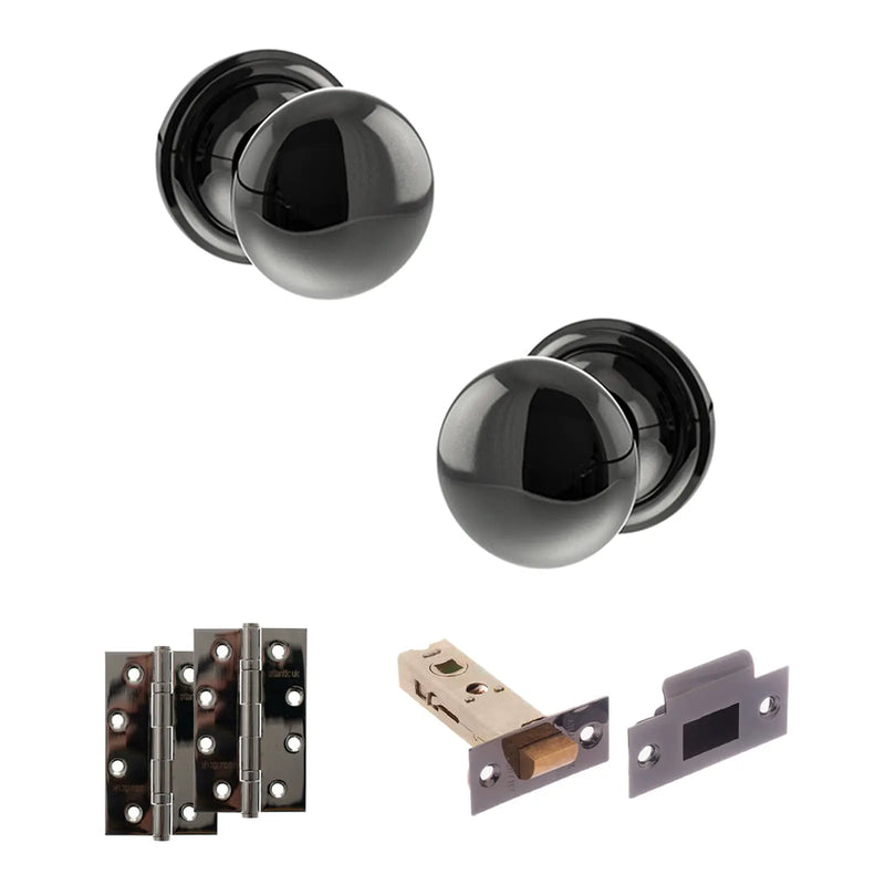 Atlantic Old English Harrogate Door Knob Pack (Latch Set - 3" HD Latch, 4" Slim Knuckle Hinges x2)
