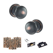 Atlantic Old English Harrogate Door Knob Pack (Latch Set - 3" HD Latch, 4" Fire Rated Hinges x3)