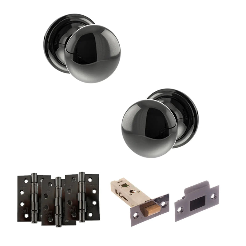 Atlantic Old English Harrogate Door Knob Pack (Latch Set - 3" HD Latch, 4" Fire Rated Hinges x3)