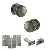 Atlantic Old English Harrogate Door Knob Pack (Latch Set - 3" HD Latch, 4" Fire Rated Hinges x3)