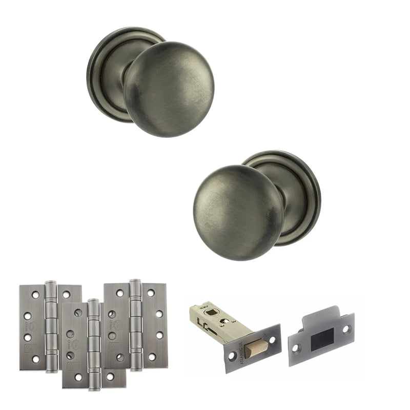 Atlantic Old English Harrogate Door Knob Pack (Latch Set - 3" HD Latch, 4" Fire Rated Hinges x3)