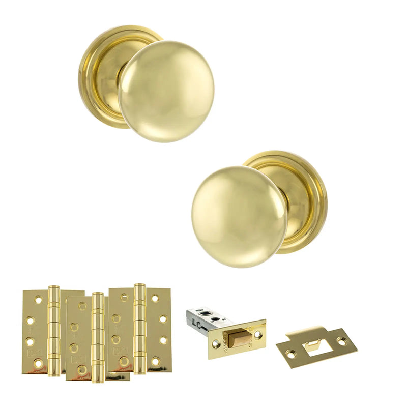 Atlantic Old English Harrogate Door Knob Pack (Latch Set - 3" HD Latch, 4" Fire Rated Hinges x3)
