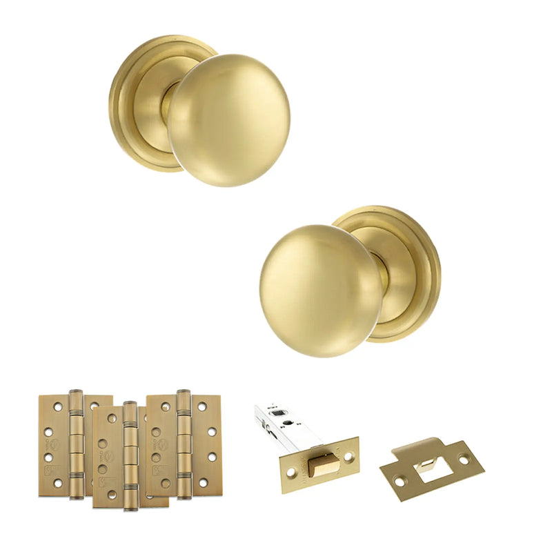 Atlantic Old English Harrogate Door Knob Pack (Latch Set - 3" HD Latch, 4" Fire Rated Hinges x3)