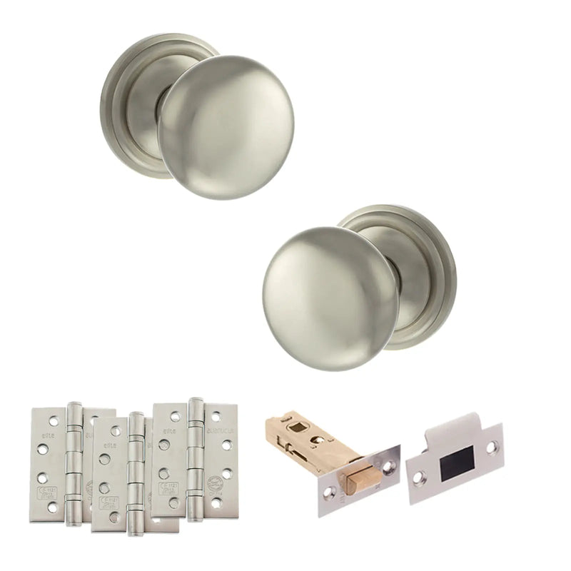 Atlantic Old English Harrogate Door Knob Pack (Latch Set - 3" HD Latch, 4" Fire Rated Hinges x3)