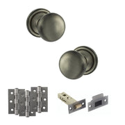 Atlantic Old English Harrogate Door Knob Pack (Latch Set - 4" HD Latch, 3" Fire Rated Hinges x3)