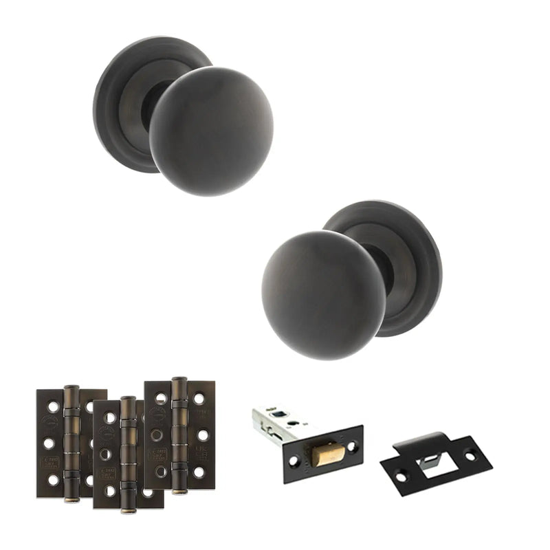 Atlantic Old English Harrogate Door Knob Pack (Latch Set - 4" HD Latch, 3" Fire Rated Hinges x3)