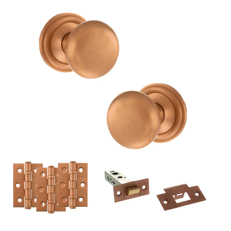 Atlantic Old English Harrogate Door Knob Pack (Latch Set - 4" HD Latch, 3" Fire Rated Hinges x3)