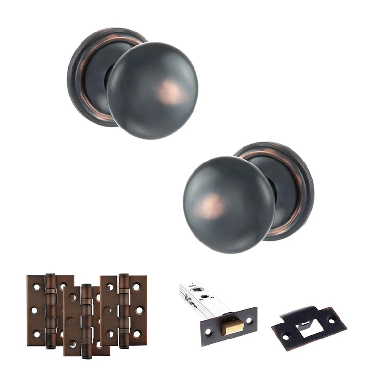 Atlantic Old English Harrogate Door Knob Pack (Latch Set - 4" HD Latch, 3" Fire Rated Hinges x3)