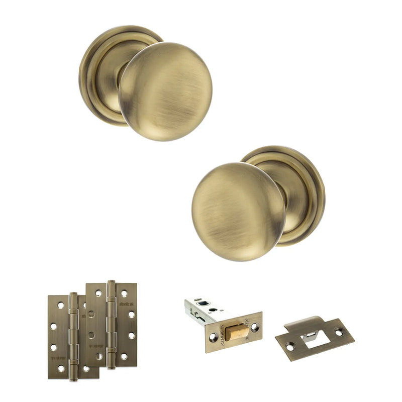 Atlantic Old English Harrogate Door Knob Pack (Latch Set - 4" HD Latch, 4" Slim Knuckle Hinges x2)