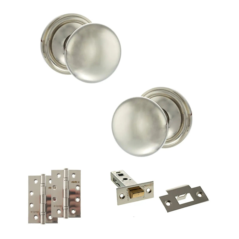 Atlantic Old English Harrogate Door Knob Pack (Latch Set - 4" HD Latch, 4" Slim Knuckle Hinges x2)