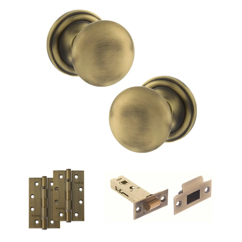 Atlantic Old English Harrogate Door Knob Pack (Latch Set - 4" HD Latch, 4" Slim Knuckle Hinges x2)
