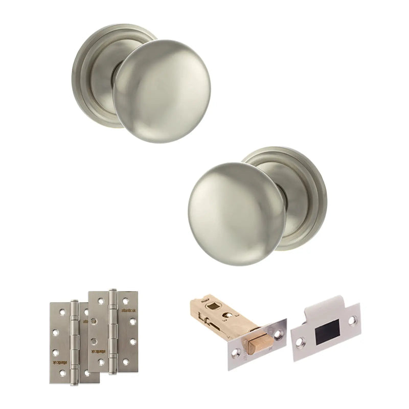 Atlantic Old English Harrogate Door Knob Pack (Latch Set - 4" HD Latch, 4" Slim Knuckle Hinges x2)