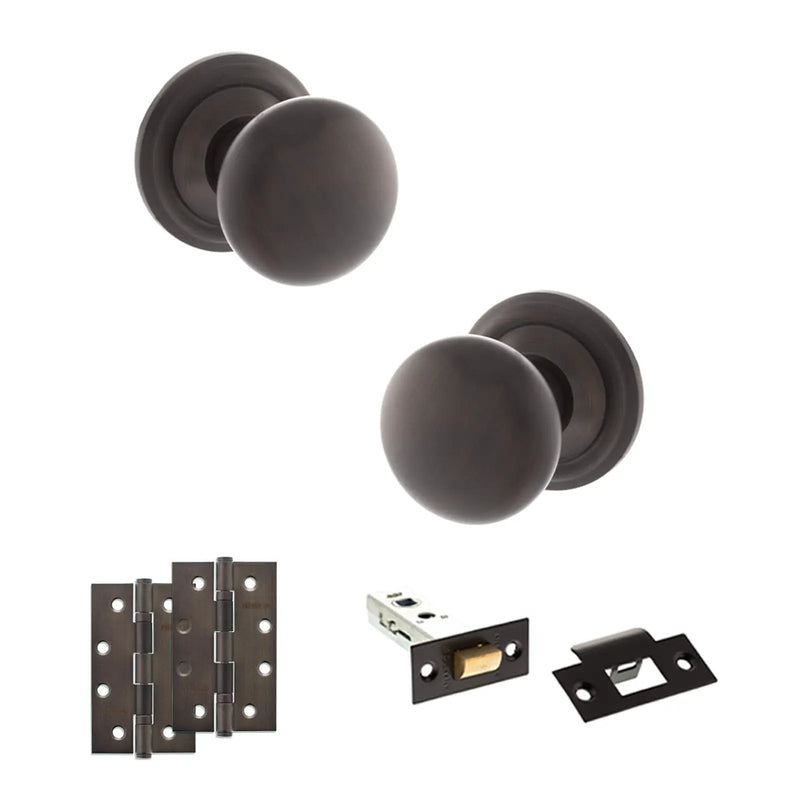 Atlantic Old English Harrogate Door Knob Pack (Latch Set - 4" HD Latch, 4" Slim Knuckle Hinges x2)