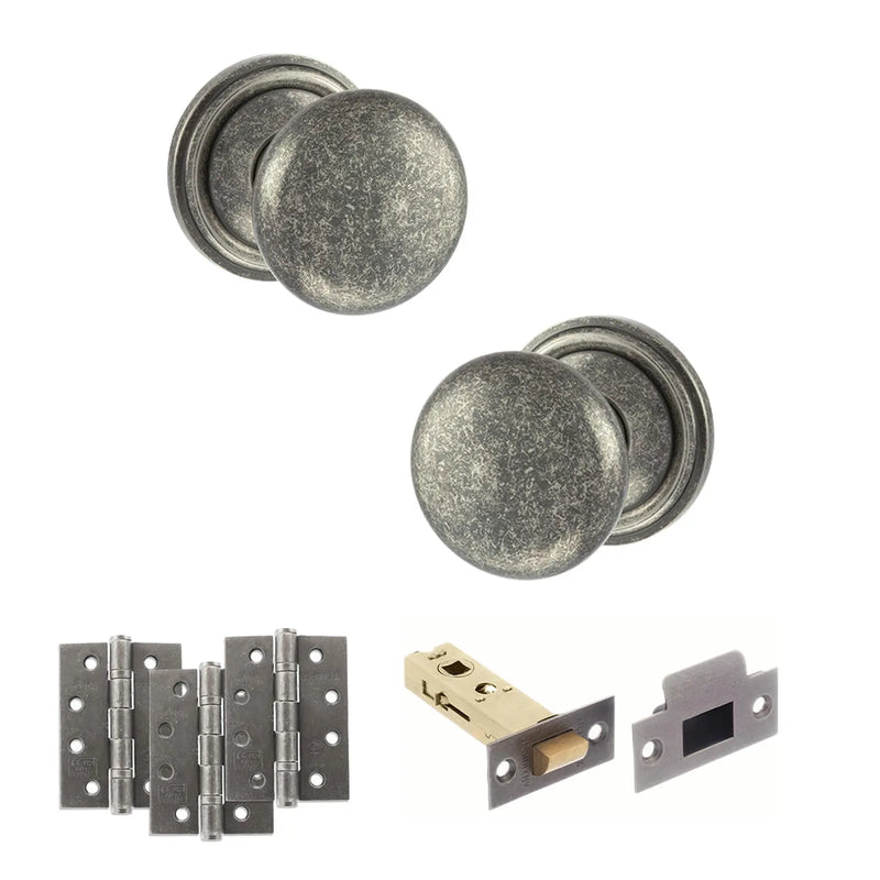 Atlantic Old English Harrogate Door Knob Pack (Latch Set - 4" HD Latch, 4" Fire Rated Hinges x3)