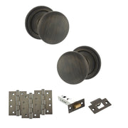 Atlantic Old English Harrogate Door Knob Pack (Latch Set - 4" HD Latch, 4" Fire Rated Hinges x3)