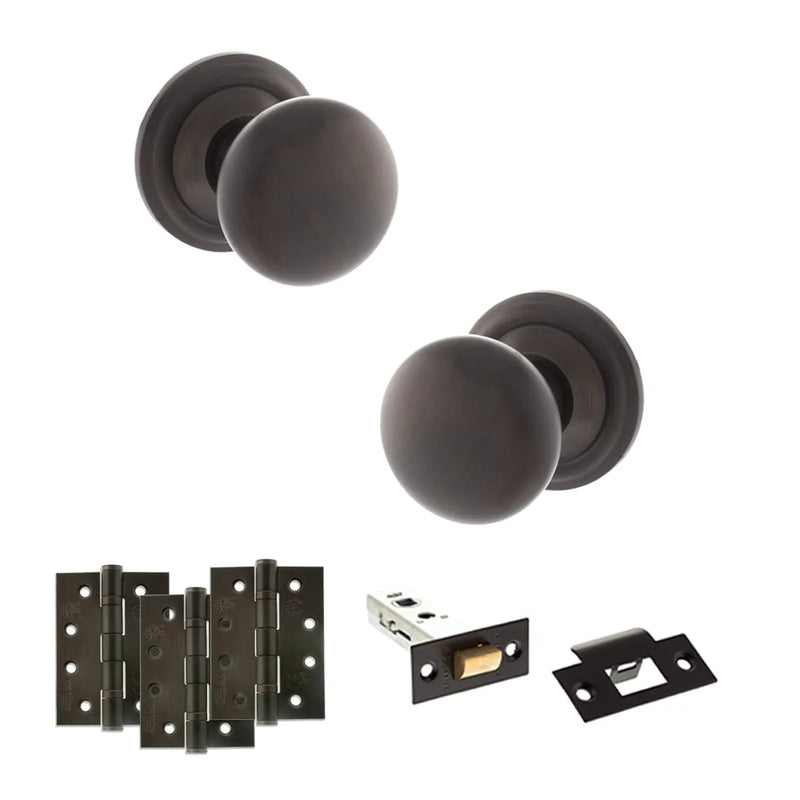 Atlantic Old English Harrogate Door Knob Pack (Latch Set - 4" HD Latch, 4" Fire Rated Hinges x3)