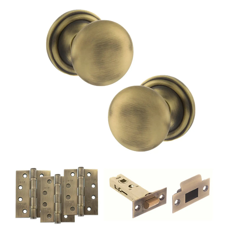 Atlantic Old English Harrogate Door Knob Pack (Latch Set - 4" HD Latch, 4" Fire Rated Hinges x3)