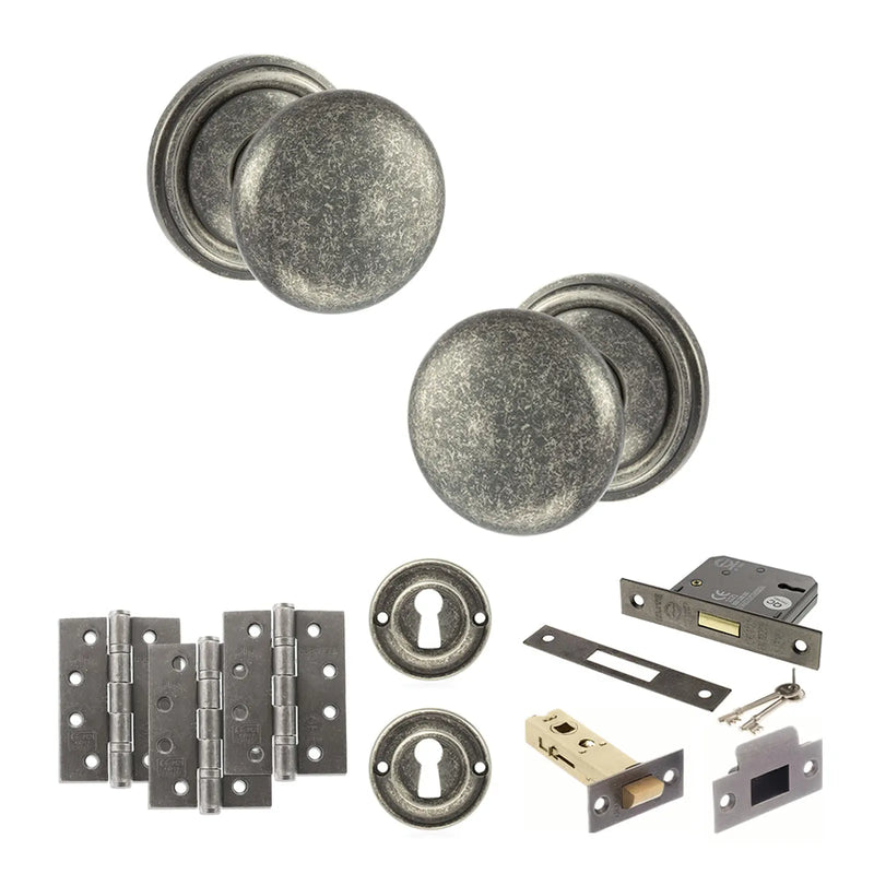 Atlantic Old English Harrogate Door Knob Pack (Lock Set - 3" Latch & Deadlock, 4" Fire Rated Hinges x3)