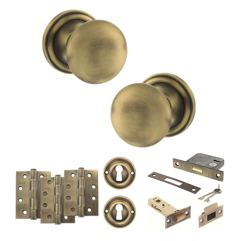 Atlantic Old English Harrogate Door Knob Pack (Lock Set - 3" Latch & Deadlock, 4" Fire Rated Hinges x3)