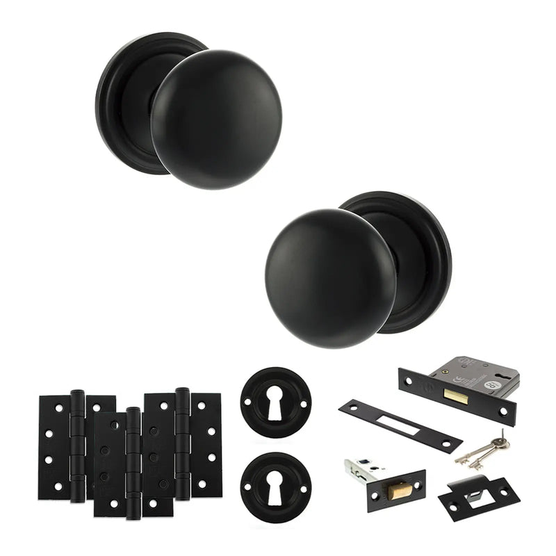 Atlantic Old English Harrogate Door Knob Pack (Lock Set - 3" Latch & Deadlock, 4" Fire Rated Hinges x3)