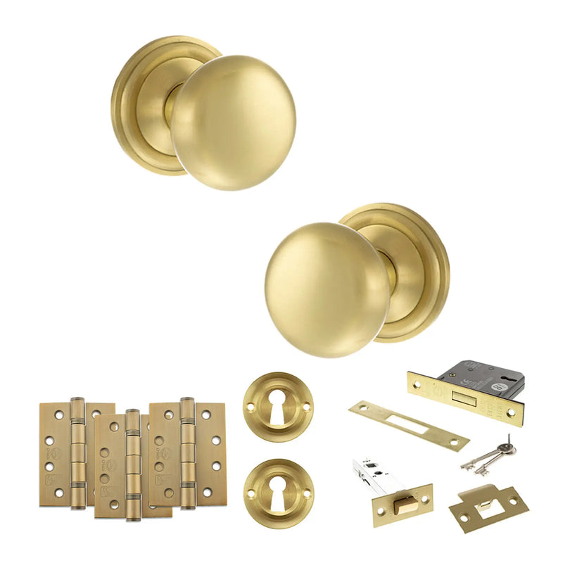 Atlantic Old English Harrogate Door Knob Pack (Lock Set - 3" Latch & Deadlock, 4" Fire Rated Hinges x3)