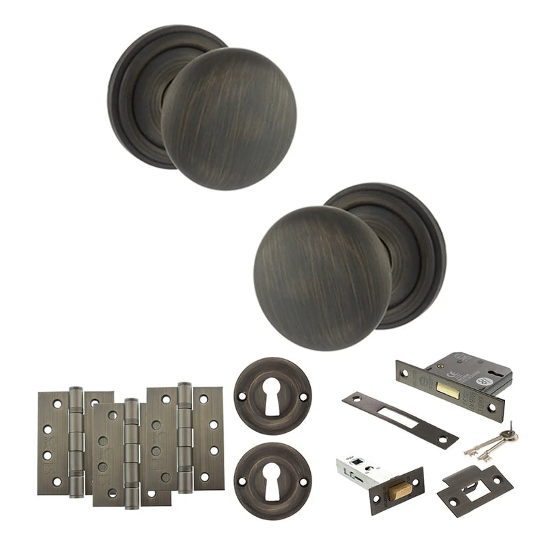 Atlantic Old English Harrogate Door Knob Pack (Lock Set - 3" Latch & Deadlock, 4" Fire Rated Hinges x3)