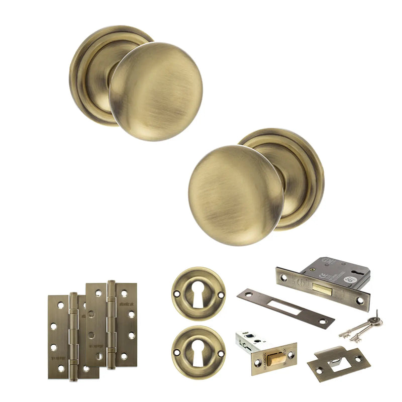 Atlantic Old English Harrogate Door Knob Pack (Lock Set - 3" Latch & Deadlock, 4" Slim Knuckle Hinges x2)