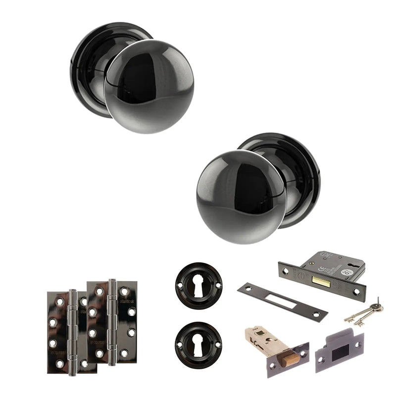 Atlantic Old English Harrogate Door Knob Pack (Lock Set - 3" Latch & Deadlock, 4" Slim Knuckle Hinges x2)