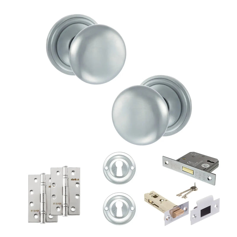 Atlantic Old English Harrogate Door Knob Pack (Lock Set - 3" Latch & Deadlock, 4" Slim Knuckle Hinges x2)