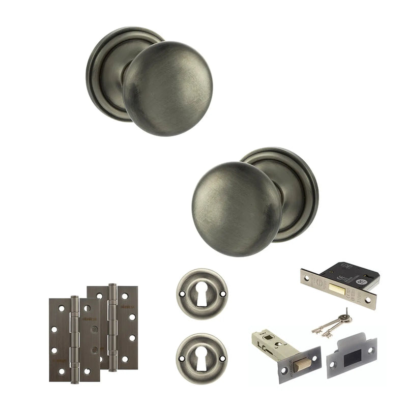 Atlantic Old English Harrogate Door Knob Pack (Lock Set - 3" Latch & Deadlock, 4" Slim Knuckle Hinges x2)