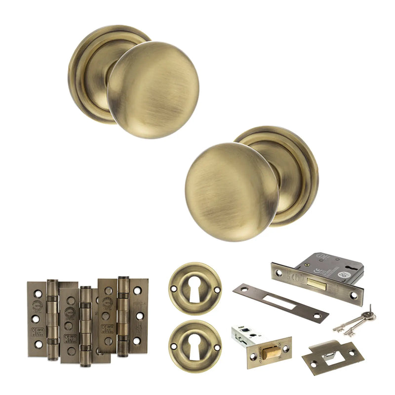 Atlantic Old English Harrogate Door Knob Pack (Lock Set - 3" Latch & Deadlock, 3" Fire Rated Hinges x3)