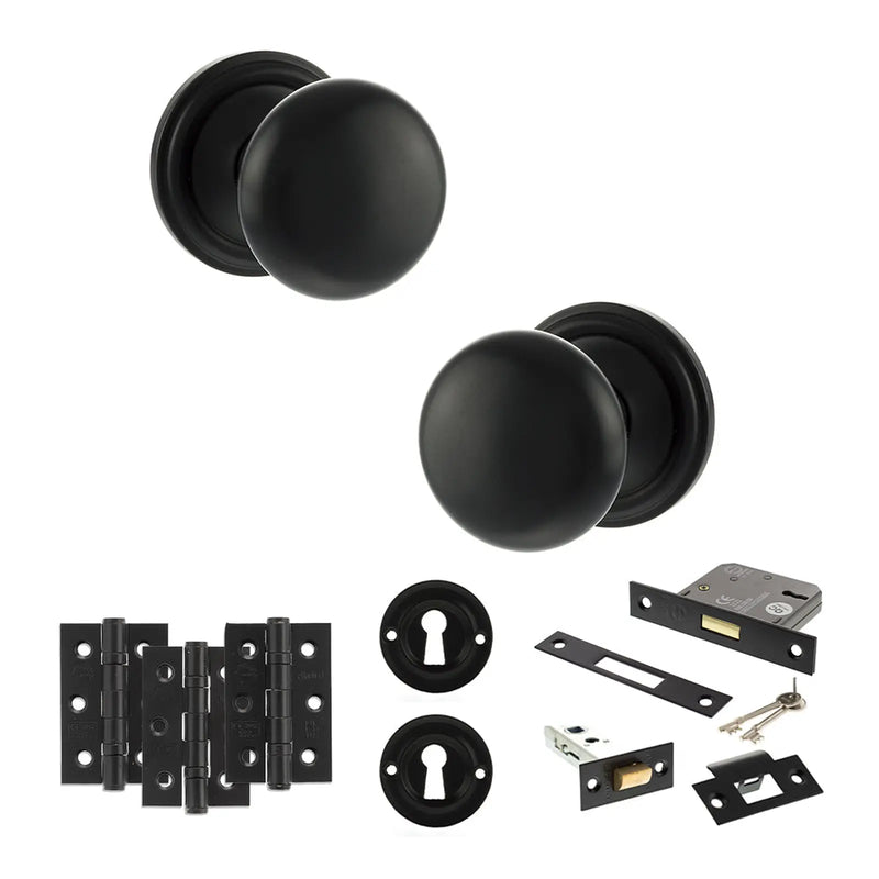 Atlantic Old English Harrogate Door Knob Pack (Lock Set - 3" Latch & Deadlock, 3" Fire Rated Hinges x3)