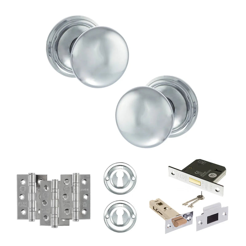 Atlantic Old English Harrogate Door Knob Pack (Lock Set - 3" Latch & Deadlock, 3" Fire Rated Hinges x3)