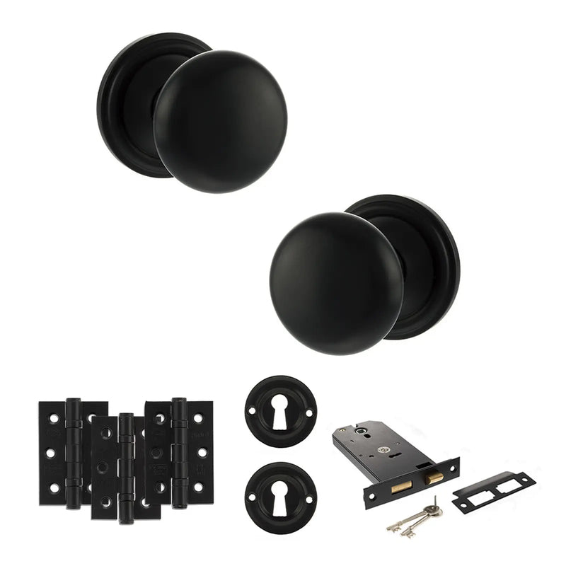 Atlantic Old English Harrogate Door Knob Pack (Lock Set - Horizontal Sashlock, 3" Fire Rated Hinges x3)