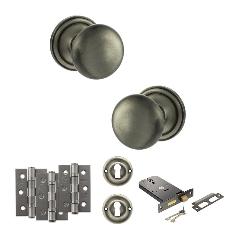 Atlantic Old English Harrogate Door Knob Pack (Lock Set - Horizontal Sashlock, 3" Fire Rated Hinges x3)
