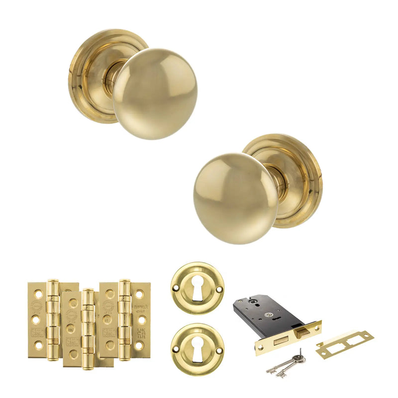 Atlantic Old English Harrogate Door Knob Pack (Lock Set - Horizontal Sashlock, 3" Fire Rated Hinges x3)