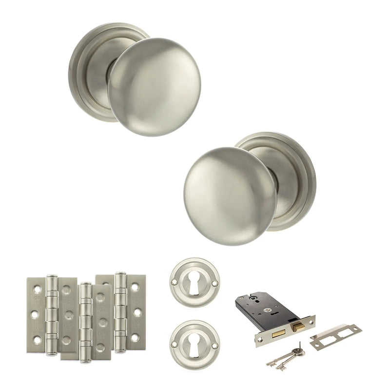 Atlantic Old English Harrogate Door Knob Pack (Lock Set - Horizontal Sashlock, 3" Fire Rated Hinges x3)